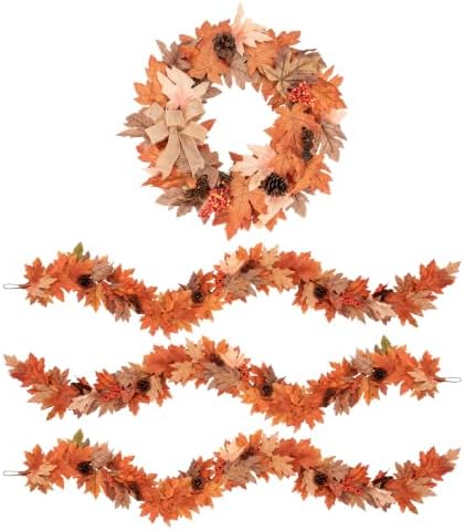 Fall 6FT Garland Wreaths 24", 4 Pack, Artificial Autumn Berry by Culudea
