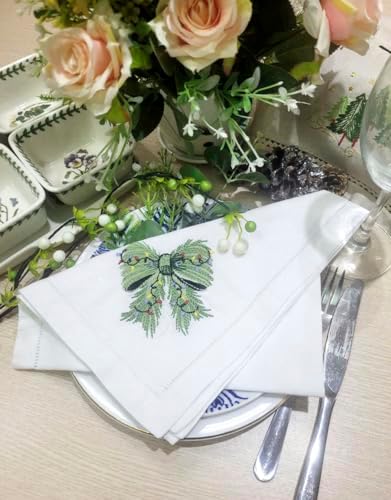 Embroidered Cloth Napkin Green Bow Christmas Cotton Napkins Set of 6, 20 x 20 Hemstitch Table Napkins, Machine Washable, for Daily & Holiday Dining, Great Gift Ideas - Image 3
