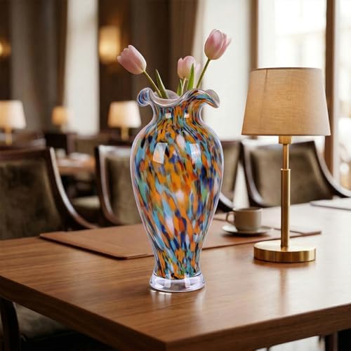 12in Tall Hand Blown Glass Vase Unique Ruffle Wide Mouth Vases, Elegant Modern Glass Flower Decorations Vase, Beautiful Colorful Vases for Home Living Room Bookshelves Wedding High End Centerpieces - Image 3