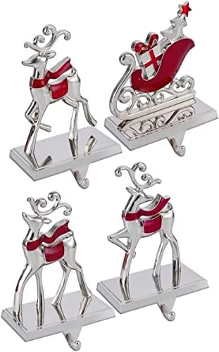 Reindeer & Sleigh Stocking Holder Set for Mantle Set of 4,Christmas Deer Stocking Hangers for Firepiece,Christmas Decorations Mantel Hanger for Stocking/Garland (Deer-Sleigh Silver) - Image 2