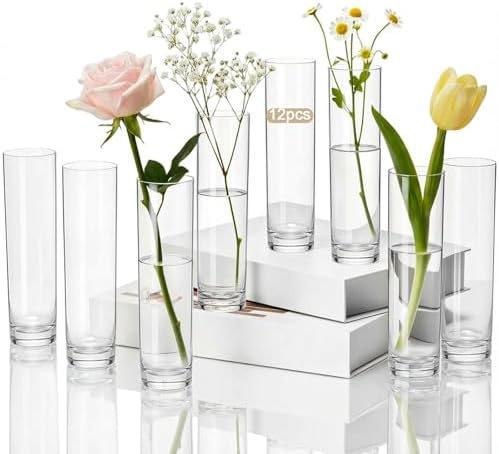 Didaey 12 Pcs Acrylic Bud Vases Clear, Cylinder Vase for Rose Centerpieces by Didaey