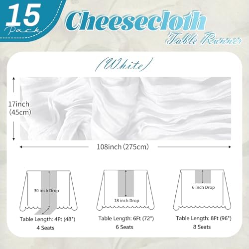 15 Pack White Cheesecloth Table Runner 17 x 108 inch Cheese Cloth Table Runners 9ft White Table Runner Rustic Romantic Sheer Gauze Runner for Wedding Party Baby Shower Table Decoration - Image 2
