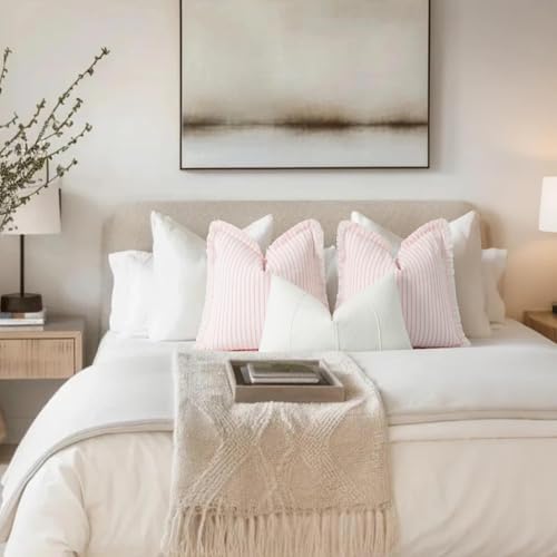 ZWJD Throw Pillow Covers 24x24 Set of 2 Striped Pillow Covers with Fringe Chic Cotton Decorative Pillows Square Cushion Covers for Sofa Couch Bed Living Room Farmhouse Decor, (Pink) - Image 3