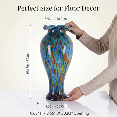 20in Tall Hand Blown Glass Vase Unique Ruffle Wide Mouth Vases, Elegant Modern Glass Flower Decorations Vase, Beautiful Colorful Vases for Home Living Room Bookshelves Wedding High End Centerpieces - Image 2