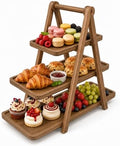 Acacia Wood 3 Tier Foldable Serving Tray, Farmhouse Tiered Display Stand for Charcuterie, Cheese, Desserts & Snacks, Wooden Organizer for Kitchen Counter, Coffee Bar and Party Entertaining by WARMKEY