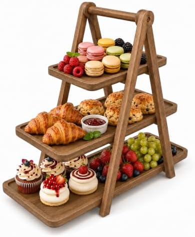 Acacia Wood 3 Tier Foldable Serving Tray, Farmhouse Tiered Display Stand for Charcuterie, Cheese, Desserts & Snacks, Wooden Organizer for Kitchen Counter, Coffee Bar and Party Entertaining by WARMKEY