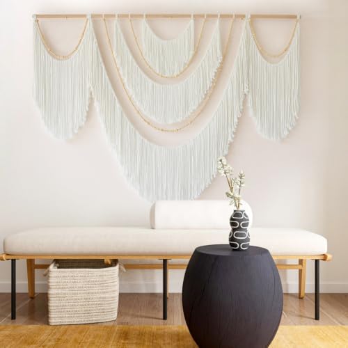Macrame Wall Hanging Boho Yarn Art Tassel Beaded Handmade Decor 57"W*41"L - Image 2