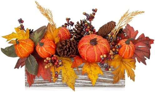 DILATATA Fall Decor Autumn Harvest Pumpkins Centerpiece - Artificial Maple Leaves, Berries and Pinecones Arrangement in Rectangle Wooden Box for Thanksgiving Party Mantel Fall Decor by DILATATA