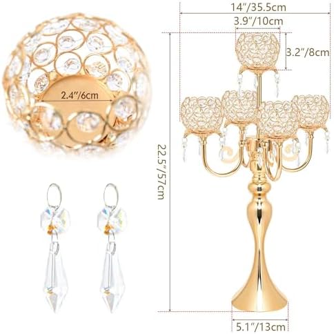 5 Arm Gold Candle Holder 22.5 Inch Tall Crystal with Pendant, Romantic Home Decor Elegant Candlestick Holder for Dates Wedding Receptions Holiday Party Important Events - Image 2