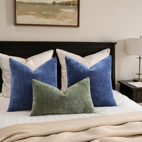 decorUhome Fall Chenille Dark Blue Throw Pillow Covers 26x26 Inch Set of 2, Decorative Soft Couch Pillow Covers Solid Dyed Accent Euro Sham Farmhouse Neutral Square Pillow Cases for Sofa - Image 5