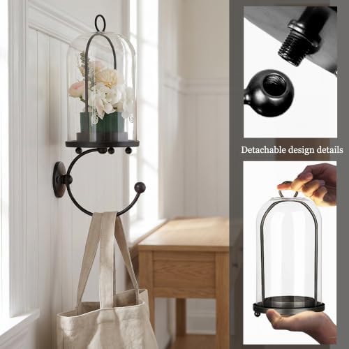 Metal Wall Hurricane Glass Candle Sconce Holder for Pillar Candle & Plant, Modern Farmhouse Decor Candle Lantern with Hand Towel Rack (Black) - Image 6