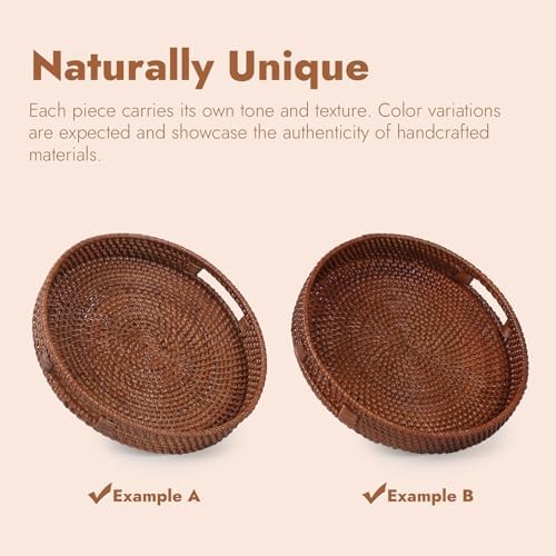 13.8 inch Round Rattan Tray, Decorative Coffee Table Tray, Ottoman Trays, Woven Serving Trays with Handles Wicker Serving Basket, Reddish-Brown - Image 5