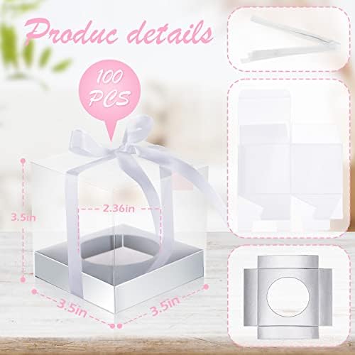 Gerrii 100 Pcs Clear Plastic Individual Cupcake Boxes 3.5" Single Cupcake Containers Transparent Ornament Gift Box with Inserts and Ribbon for Wedding Baby Shower Party Favor (Silver) - Image 2