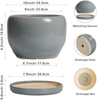 SQOWL 10 Inch Plant Pot - Ceramic Planter for Indoor Plants, Round Ceramic Flower Pot with Drainage Hole and Saucer, Modern Large Outdoor Planter, Room Decor, Housewarming Gifts, Gray - Image 3