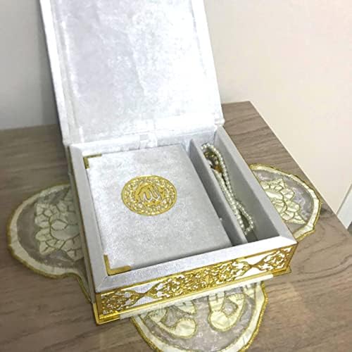 Velvet Covered Quran and Pearl Tasbih in Wooden Decorative Box | Islamic Gift Set | Muslim Eid Ramadan Gift (White) - Image 6