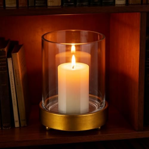 5" Wide Glass Hurricane Candle Holders and Glass Vase with Minimalism Metal Base in Antique Brass, Handmade and Sturdy Glass, Pillars, Flower Arrangement, Centerpiece, Dining Table, Console, Mantel - Image 3