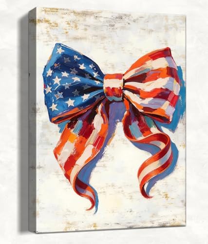July 4th Patriotic Canvas Wall Art 4th of July USA Decorations American Flag Bow Painting Picture Independence Day Home Decor 24x36in by HomeifHue