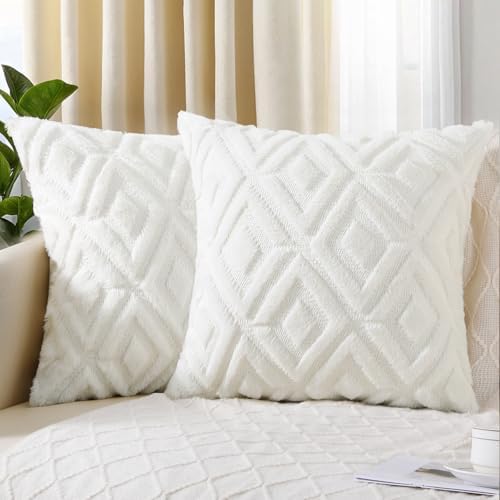 Pallene Christmas Cream White Throw Pillow Covers 26x26 Set of 2, Soft Plush Faux Fur Decorative Couch Pillow Covers for Sofa Bed Living Room Pillow Cases with 3D Diamond Pattern by PALLENE