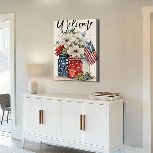 Ship Next Day - Red White Blue Mason Jar Canvas Wall Decor, Framed Patriotic American Floral Painting, 4th of July Independence Day Home Wall Art, Made in USA - Image 3