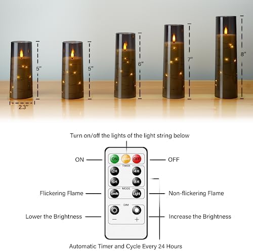 kakoya Flameless LED Candles with Timer 5 Pc Flickering Flameless Candles for Romantic Ambiance and Home Decoration Stable Acrylic Shell,with Embedded Star String，Battery Operated Candles（Grey） - Image 4