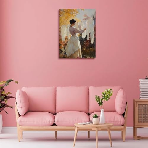Laundry Room Wall Decor,Woman Doing Laundry PrintLaundry Clothesline Print,Laundry Day Painting,Farmhouse Laundry Wall Art,Vintage Fall Autumn Antique Rustic Farmhouse Decor24x36inch Unframed - Image 3