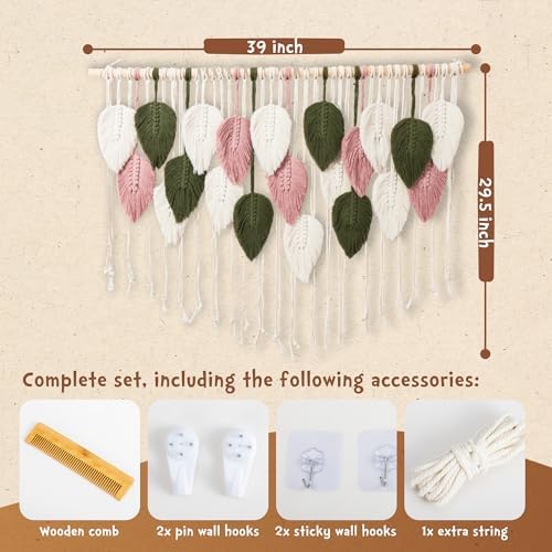 WOODSTICK Large Macrame Wall Hanging 39"W x 29.5"L - Boho Wall Decor in Beige, Old Pink & Green - Chic Woven Leaf Leaves Boho Tapestry, Handmade Cotton Fiber Art, Macrame Wall Décor, Bedroom Tapestry - Image 3