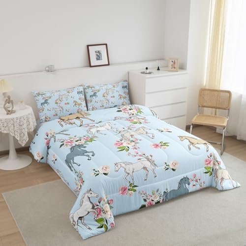 Erosebridal Horse Quilt King Size, Farmhouse Western Cowboy Cowgirls Duvet Insert for Kids Boys Girls Teens, Cartoon Kawaii Horse Bedding Set, Rustic Rose Floral Comforter Set + 2 Pillow Cases - Image 3
