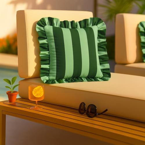 MONDAY MOOSE Decorative Throw Pillow Covers, Set of 2 Water-Resistant Striped Design with Ruffle Edge for Outdoor/Indoor Use, Pillow Inserts Not Included (16x16 inch, Green/Light Green) - Image 4