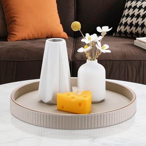 KINGFOM Round Decorative Tray, PU Leather Vanity Tray Organizer with Gold Trim for Dresser, Coffee Table & Bathroom Counter, Modern Home Decor Jewelry & Perfume Tray for Men Women (Beige) - Image 4