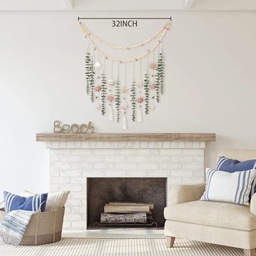 Artificial Eucalyptus Wall Decor with Seashell Coastal Decor Natural Home Decorations Hanging Wooden Bead Garland for Large Bedroom Bathroom Living Room, 32 x 32 Inch - Image 5