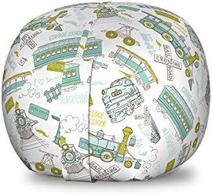 Ambesonne Steam Engine Storage Toy Bag Chair, Choo Choo Train Pattern and Number Signs Vintage Travel Theme Print, Stuffed Animal Organizer Washable Bag, Small Size, Apple Green Turquoise by Ambesonne