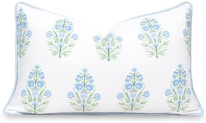 Hofdeco Premium Coastal Patio Indoor Outdoor Lumbar Pillow Cover Only, 12"x20" Water Repellent for Backyard, Couch, Baby Blue Green Floral with Piping by HofdecoPremium