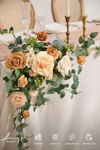 Ling's moment 2PCS Apricot Peach Artificial Flower Garland Wedding Arch Flowers Floral Swags Centerpieces Decoration Rose Greenery for Sweetheart/Head Table Easel Wall Entryway Board Backdrop - Image 3