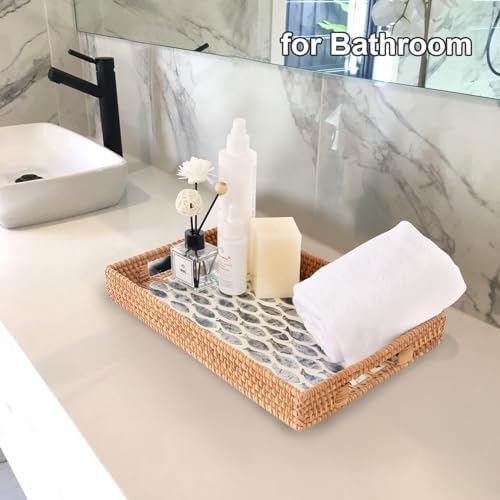 Rectangle Rattan Tray with Mother of Pearl Inlay, Rattan Serving Tray with Handle for Coffee, Bread, Fruits, Snacks, Decorative Wicker Tray for Table Decor (Rectangle Black Fish, 13"×9") - Image 6