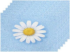 Shrahala Botanical Daisy Set of 6 12 x 18 Inch Linen Placemats, Soft Blue Background Burlap Table Mat Washable Double Layered Heat Insulation for Indoor/Outdoor by Shrahala