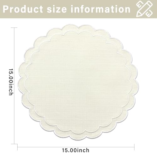 Linen Cotton Placemats Set of 4 Scalloped Flower Embroidery Place Mats 15'' Natural Linen Texture Fabric Machine Washable Table Mats for Restaurant Kitchen,Table Decor(Butter Yellow) - Image 2