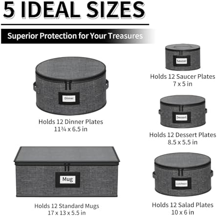 Aokeyee 5-Piece China Storage Containers Set, Hard Shell Moving Boxes for Dishes, Plates & Mugs – Dinnerware Organizer with Soft Felt Dividers, Sturdy Handles & Zippers, Grey - Image 2