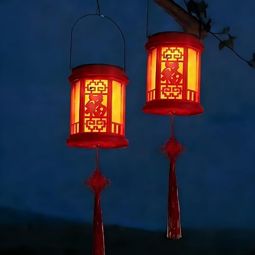2 Pack Solar Chinese Fortune Lanterns with LED Lights - Red Outdoor Hanging Decor for Garden, Patio, Yard, Lawn & Tabletop, Festive Decoration for New Year, Spring Festival, Wedding, Party by Unknown
