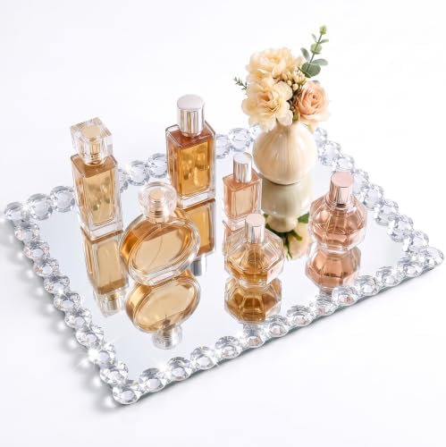 14.8x10.8 Inch Crystal Bead Vanity Tray for Bathroom Decor Silver by joyshiny
