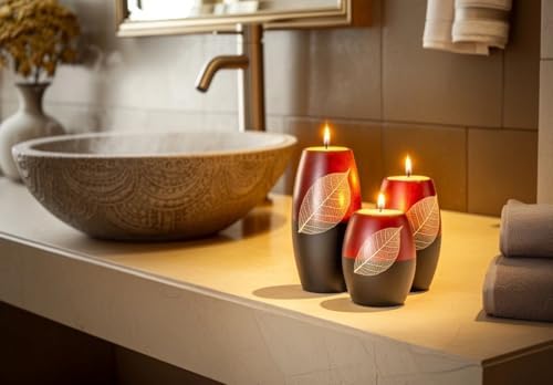 IYARA CRAFT 3 Wooden Candle Holders Decorative Candle Holders with Beauty Decor Dry Leaf – Intricate Details – Matte Wood Finish – Ideal for Modern & Rustic Settings 2 Tones, red, Black (Rugby Shape) - Image 4