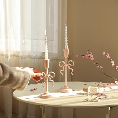 NIKKY HOME Vintage Elegant Pink Bow Iron Taper Candle Holders Set of 2 - Image 2