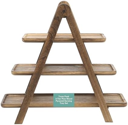 Gibson Home Truss Peak 3 Tier Serving Tray for Party, 18" Acacia Wood Cupcake/Charcuterie/Dessert Farmhouse Tiered Platters with Collapsible Wood Rack - Image 7