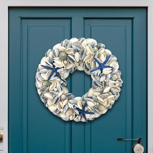 Natural Seashell Wreath w/Shells, Starfish, Pearls, Sea Snails - Spring & Summer Coastal Decor Beach House Indoor Door Wreath, 18in Dark Blue by GaltInternational