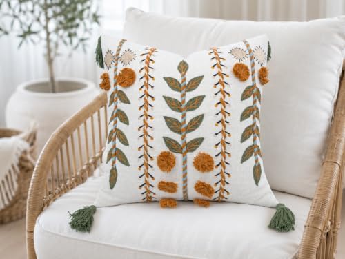 Boho Pom Pom Hand Embroidered 20x20 Pillow Cover, Ivory - Image 3