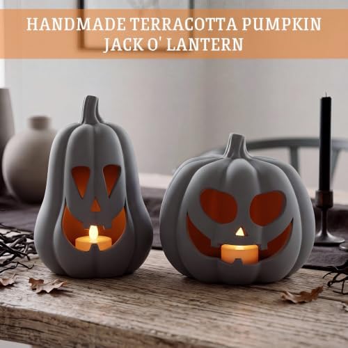 Tioncy Halloween Decor Terracotta Jack O Lantern Pumpkin Decor,Gray - Image 3