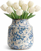 Blue and White Ceramic Vase, Decorative Pottery Flower Vase for Tulips, Vintage Crackle Glaze Vase for French Country, Chinoiserie & Cottage Farmhouse Shelf Mantel Table Decor by SincereLuxe