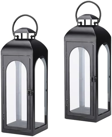 Bdor 16 Inch Outdoor Indoor Lantern, Set of 2 Black Metal Candle Lanterns by Bdor