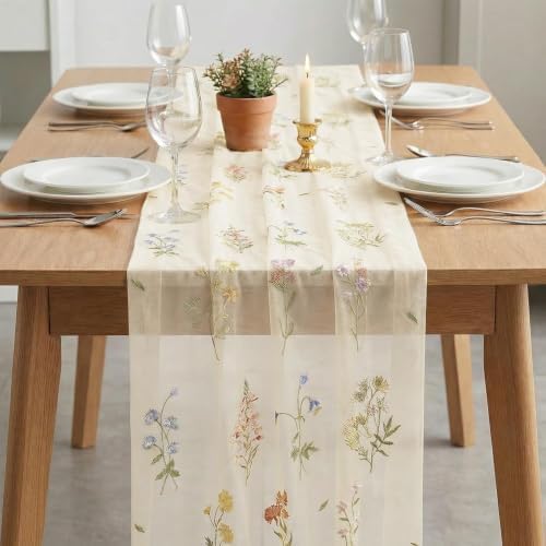 Artoid Mode 6PC Wildflower Floral Beige Apricot Gauze Embroidery Table Runner 120 Inch 10FT, Tulle Seasonal Spring Kitchen Dining Table Decor for Home Party - Image 3