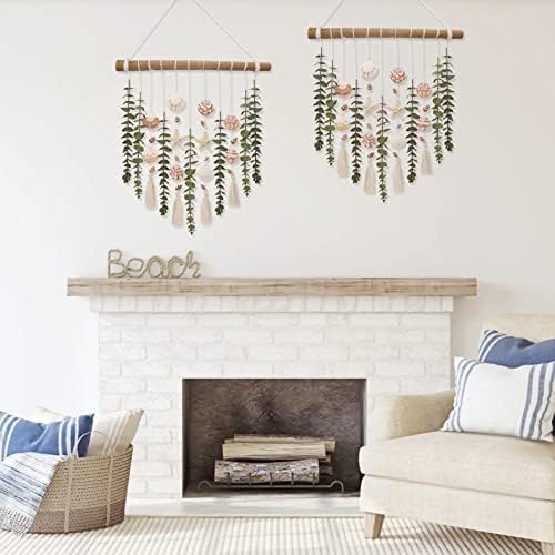 Bathroom Wall Decor Artificial Eucalyptus Boho Bedroom Decor Fake Eucalyptus Plants Leaves with Seashell on Stick Coastal Decor Natural Home Decorations for Living Room Nursery Kitchen - Image 2