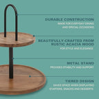 Gibson Home Gracious Dining 2-Tier Round Acacia Wood Serving Tray – Rustic Charcuterie Board Stand with Black Iron Handle – Tiered Party Platter, Dessert Display or Lazy Susan for Entertaining - Image 3